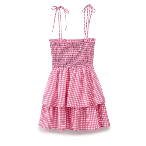 Vestido Mini Vichy de Mezcla de Algodón para Mujer Tirantes Anudados Fruncido Volantes Escalonados Vestido Verano Elegante Rosa Sin Mangas