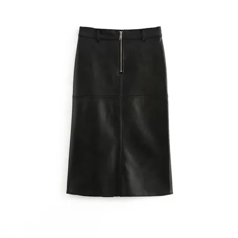 Gonna Midi in Ecopelle Elegante da Donna Vita Alta Cerniera in Metallo Anteriore Gonna a Linea A PU con Passanti per Cintura Spacco