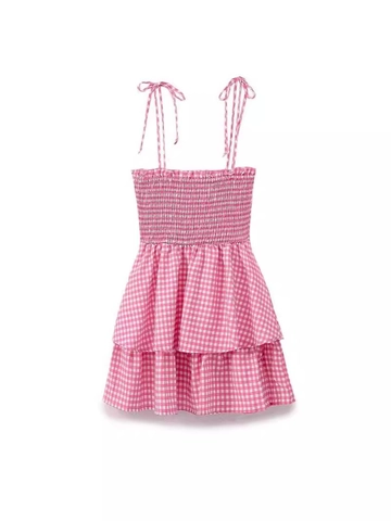 Vestido Mini Vichy de Mezcla de Algodón para Mujer Tirantes Anudados Fruncido Volantes Escalonados Vestido Verano Elegante Rosa Sin Mangas