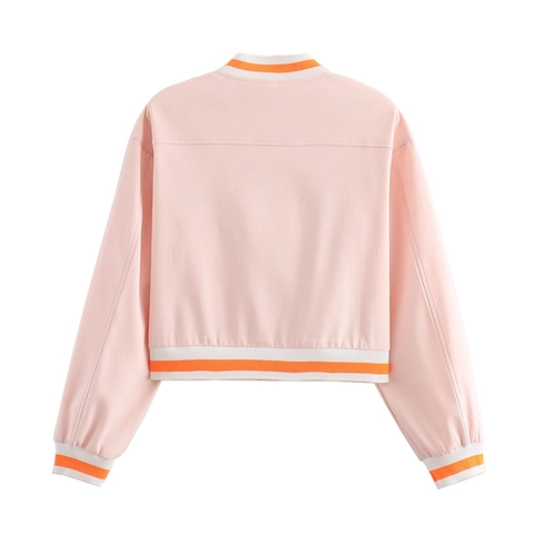 Damen Casual Rosa Baseball Jacke Gestreift Gerippt Langarm Einreihig Kurzmantel Streetwear Mode Jacke