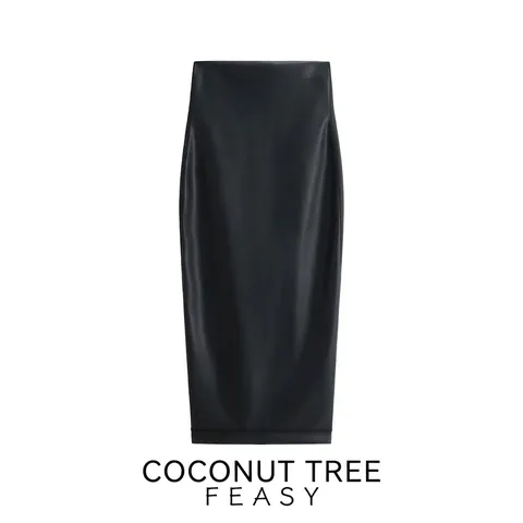 Falda Midi de Cuero Sintético de Cintura Alta para Mujer Con Abertura Color Sólido Negro PU Falda Ajustada Streetwear Otoño Invierno