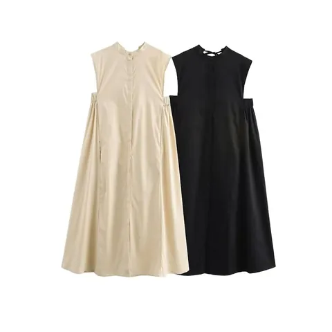 Elegant Women Sleeveless Stand Collar Midi Dress Solid Color Pullover A-Line Maxi Dress With Tie Back Side Pleated Vestido