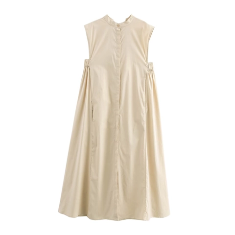 Elegant Women Sleeveless Stand Collar Midi Dress Solid Color Pullover A-Line Maxi Dress With Tie Back Side Pleated Vestido