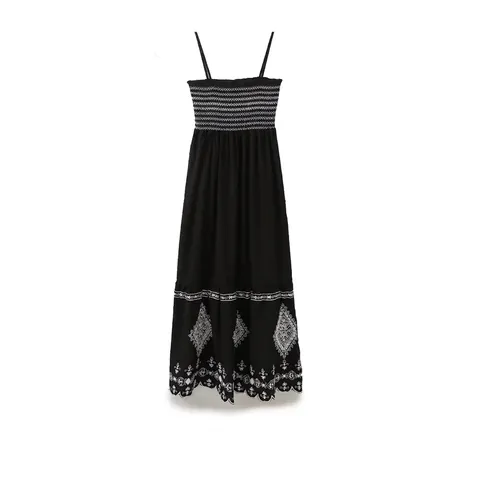 Damen Boho Spaghettiträger Maxikleid Mit Gesmoktem Oberteil Weiße Geometrische Stickerei Baumwollmischung Ärmelloses A-Linien-Langes Kleid