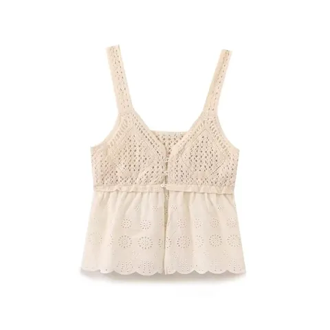 Damen Häkel Patchwork Hemdchen Top Lochstickerei Bogenkante V-Ausschnitt Einreihig Ärmellos Boho Strand Tank Top