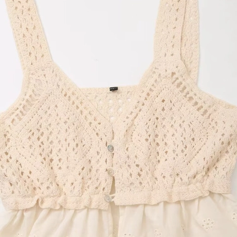Damen Häkel Patchwork Hemdchen Top Lochstickerei Bogenkante V-Ausschnitt Einreihig Ärmellos Boho Strand Tank Top