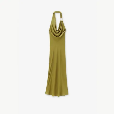 Damen Halter Wasserfallausschnitt Satin Midi Kleid Elegant Rückenfrei Bodycon Abendparty Kleid Mit Metallring Detail Olivgrün