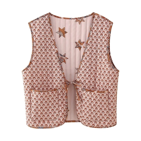 Damen Reversible Gesteppte Baumwollweste V-Ausschnitt Schnürung Sternenmuster Blumenfutter Ärmellose Gilet Casual Streetwear