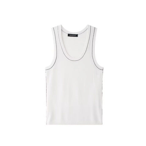 Women Casual Ribbed Knit Tank Top Contrast Stitching U-Neck Sleeveless Slim Fit Summer Streetwear Basic Solid Color Top