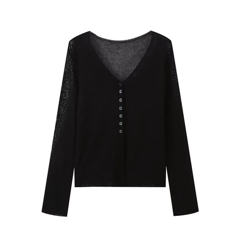 Women Casual V Neck Knit Cardigan Long Sleeve Button Down Lightweight Transparent Sweater Autumn Elegant Thin Knitwear Top