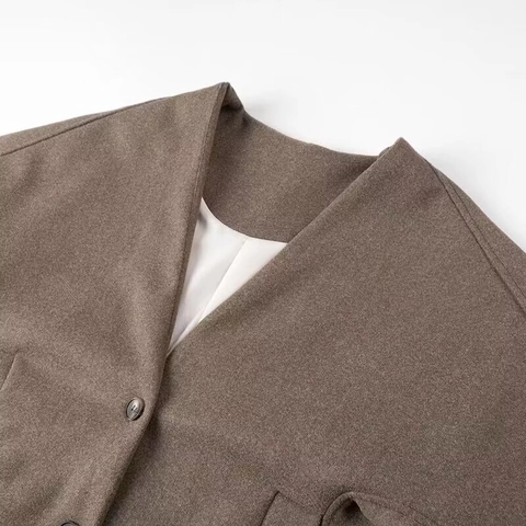 Dames V-hals Kort Wollen Jas Mode Street Style Knoopsluiting Lange Mouwen Polyester Jas Voor Herfst Winter