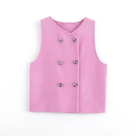 Dames Roze Double-Breasted Gebreid Vest Ronde Hals Mouwloze Gilet Met Metalen Knoppen Zomer Street Fashion Top