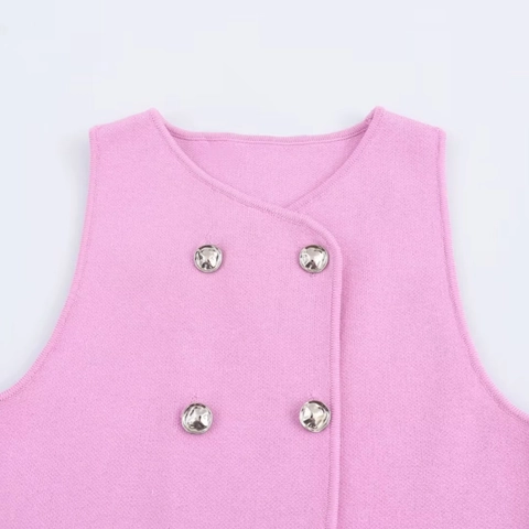 Dames Roze Double-Breasted Gebreid Vest Ronde Hals Mouwloze Gilet Met Metalen Knoppen Zomer Street Fashion Top