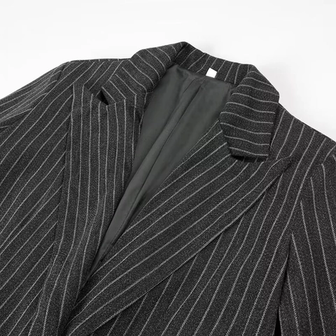 Dames Elegante Nadelstrepen Lange Jas Inkeping Revers Double Breasted Losse Geweven Polyester Overjas Voor Herfst Winter