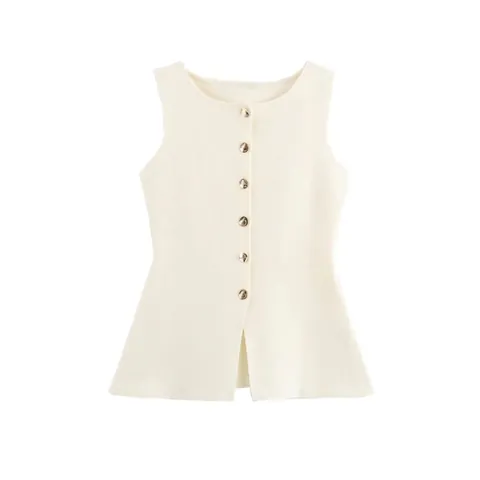 Women's Ribbed Knitted Vest Sleeveless Single Breasted Round Neck Top Slim Fit Peplum Waist Slit Hem Waistcoat Summer Streetwear