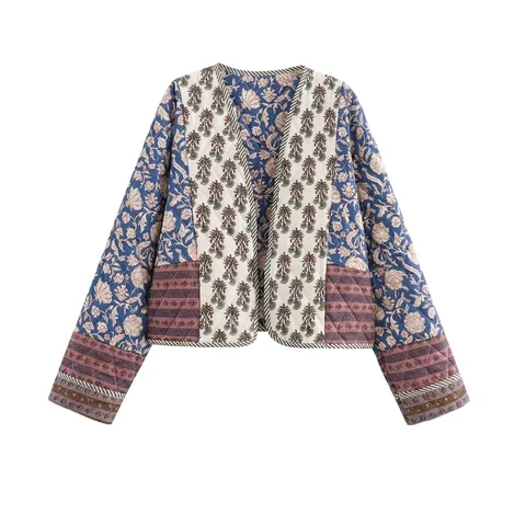 Women Vintage Quilted Jacket Patchwork Floral Print Cotton Padded Coat V Neck Long Sleeve Ethnic Bohemian Outerwear