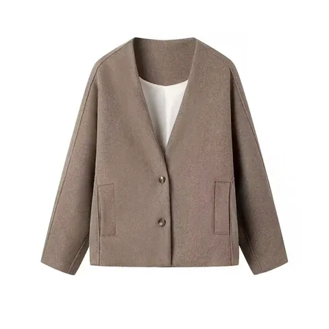 Dames V-hals Kort Wollen Jas Mode Street Style Knoopsluiting Lange Mouwen Polyester Jas Voor Herfst Winter