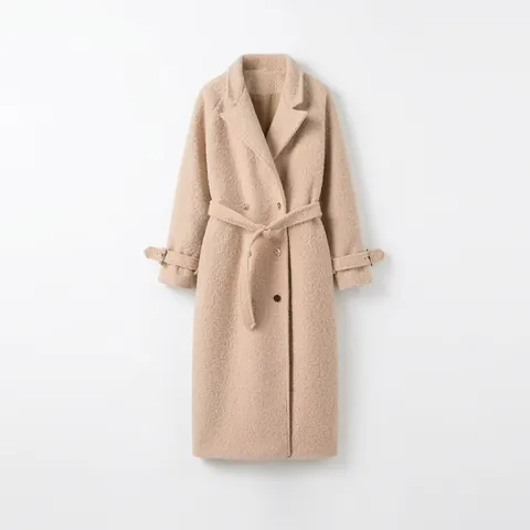Women Casual Long Fleece Overcoat Double Breasted Lapel Winter Coat With Belt Solid Color Streetwear Outerwear Ladies