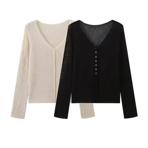 Women Casual V Neck Knit Cardigan Long Sleeve Button Down Lightweight Transparent Sweater Autumn Elegant Thin Knitwear Top