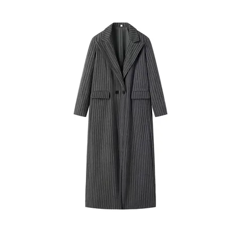Dames Elegante Nadelstrepen Lange Jas Inkeping Revers Double Breasted Losse Geweven Polyester Overjas Voor Herfst Winter