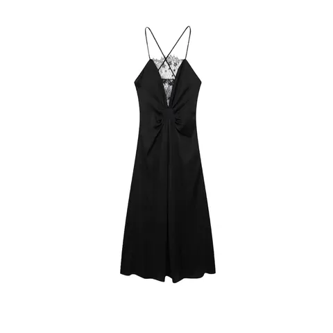 Damen Sexy Schwarz Satin Spitze Maxikleid V-Ausschnitt Spaghettiträger Rückenfrei Slim Fit Abendparty Langes Kleid Für Damen