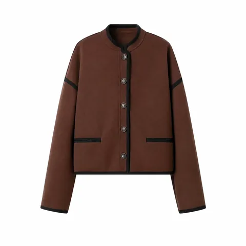 Women's Street Fashion Woolen Jacket Single Breasted Color Block Long Sleeve Stand Collar Coffee Fall Winter Casual Coat