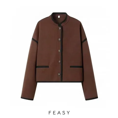 Chaqueta de Lana Street Fashion para Mujer Abotonadura Sencilla Bloque de Color Manga Larga Cuello Alzado Café Abrigo Casual de Otoño Invierno