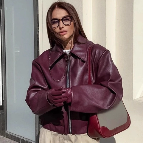 Chaqueta de Cuero Sintético Casual para Mujer con Solapa y Cremallera Abrigo Biker de Cuero PU Oversize Color Sólido