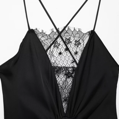 Damen Sexy Schwarz Satin Spitze Maxikleid V-Ausschnitt Spaghettiträger Rückenfrei Slim Fit Abendparty Langes Kleid Für Damen