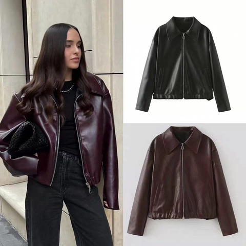 Chaqueta de Cuero Sintético Casual para Mujer con Solapa y Cremallera Abrigo Biker de Cuero PU Oversize Color Sólido