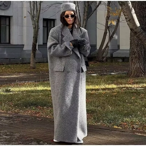 Dames Elegante Lange Wollen Jas Double Breasted Keeprevers Maxi Overjas Streetwear Casual Herfst Winter Grijs Bovenkleding