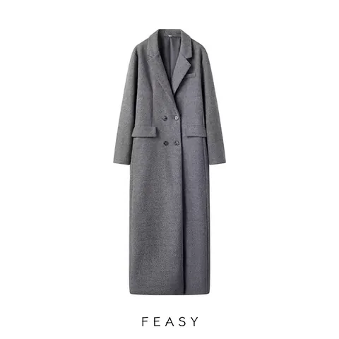 Dames Elegante Lange Wollen Jas Double Breasted Keeprevers Maxi Overjas Streetwear Casual Herfst Winter Grijs Bovenkleding