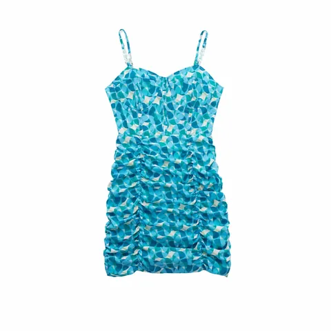 Abito Mini Donna Sexy Arricciato Con Spalline Sottili Stampa Geometrica Senza Maniche Bodycon Estate Vacanza Slim Fit Vestito