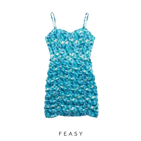 Women Sexy Ruched Spaghetti Strap Mini Dress Geometric Print Sleeveless Bodycon Summer Holiday Cocktail Party Slim Fit Dress
