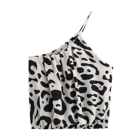 Women Leopard Print One Shoulder Crop Top And Wide Leg Pants Black White Animal Pattern Bohemian Vacation Top And Pants