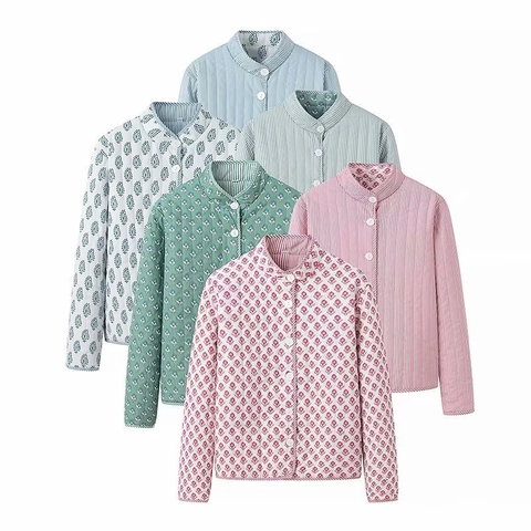 Damen Wendejacke Gesteppt Wattierte Jacke Vintage Blumendruck Stehkragen Einreihig Baumwollmischung Warm Streetwear Outerwear Top