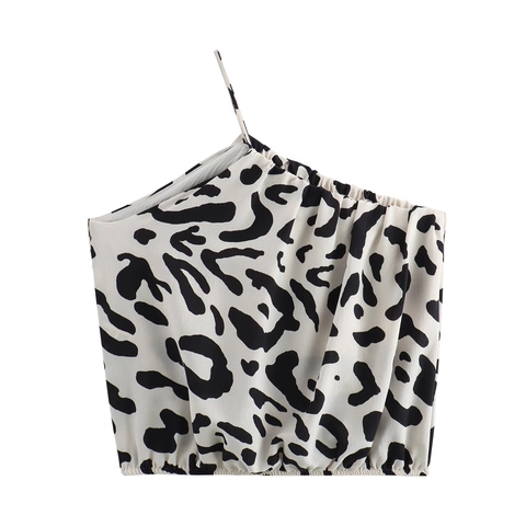 Women Leopard Print One Shoulder Crop Top And Wide Leg Pants Black White Animal Pattern Bohemian Vacation Top And Pants