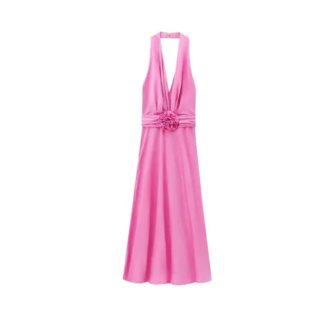Robe Maxi Élégante en Satin pour Femme avec Dos Nu et Fleur 3D Col en V Profond Sans Manches Coupe Ajustée Robe de Soirée