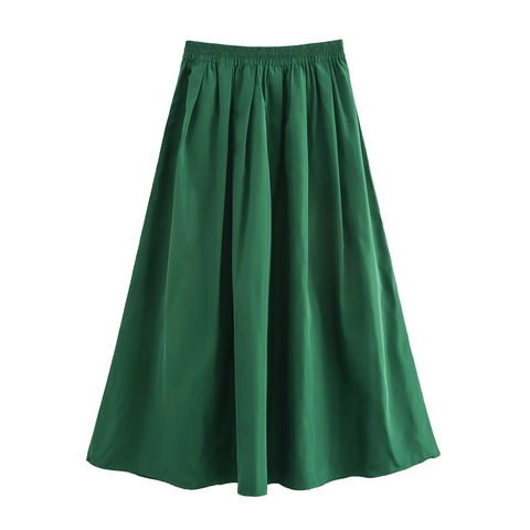 Damen Elegant Einfarbig Chiffon Knopfhemd Und Plissee Midi-Rock 2-Teiliges Set Hohe Taille Puffärmel Lässiger Rock Outfit