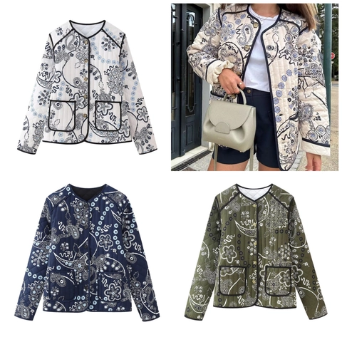 Damen Vintage Paisley Blumen Steppjacke Langarm Rundhals Geknöpft Wattierter Baumwollmantel Mit Taschen Lässige Oberbekleidung