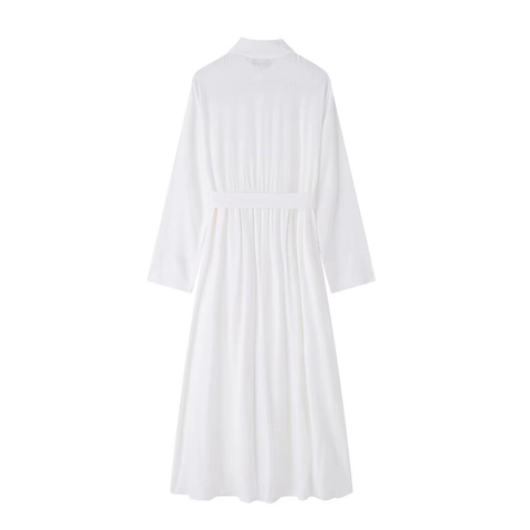 Women Elegant Solid Color Long Sleeve Shirt Midi Dress High Waist With Bow Tie Belt Single Breasted Polyester Swing Dress