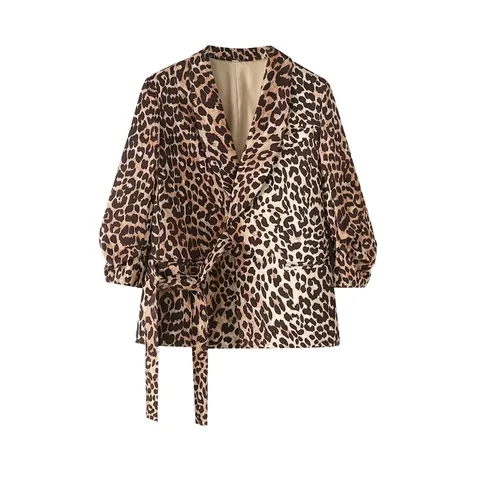 Giacca da Donna alla Moda con Stampa Leopardata e Cintura Elegante Revers a Dente Manica a Sbuffo Sexy Top per Festa
