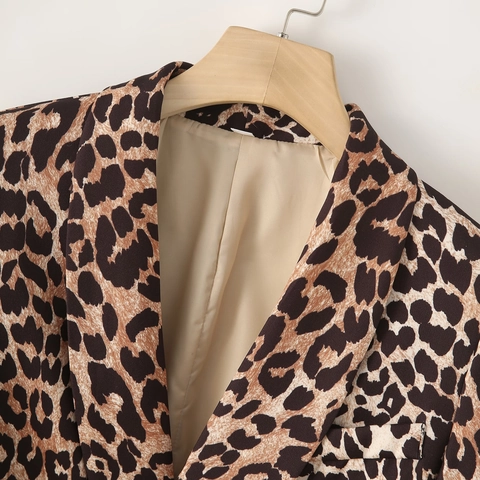 Giacca da Donna alla Moda con Stampa Leopardata e Cintura Elegante Revers a Dente Manica a Sbuffo Sexy Top per Festa