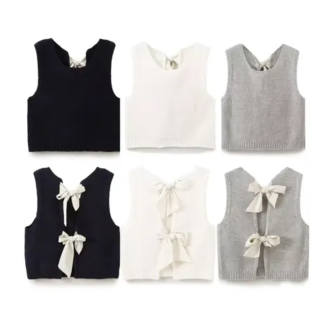 Chaleco de Punto para Mujer con Lazo Espalda al Aire Top Sin Mangas Color Sólido Streetwear Moda Casual