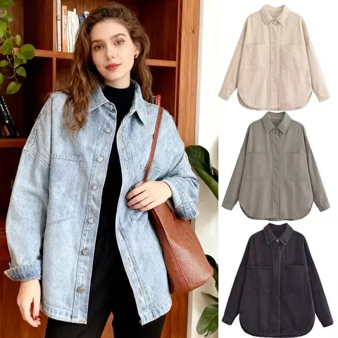 Giacca di Jeans Oversize Casual da Donna Street Style Bottoni Misto Cotone Manica Lunga Capispalla Top Con Tasche