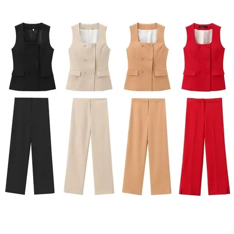 Elegante 2-delige Kostuumset voor Dames Mouwloos Double Breasted Gilet met Vierkante Hals en Rechte Broek met Hoge Taille