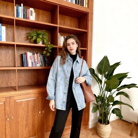 Giacca di Jeans Oversize Casual da Donna Street Style Bottoni Misto Cotone Manica Lunga Capispalla Top Con Tasche