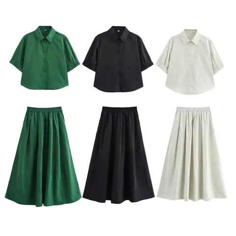 Damen Elegant Einfarbig Chiffon Knopfhemd Und Plissee Midi-Rock 2-Teiliges Set Hohe Taille Puffärmel Lässiger Rock Outfit