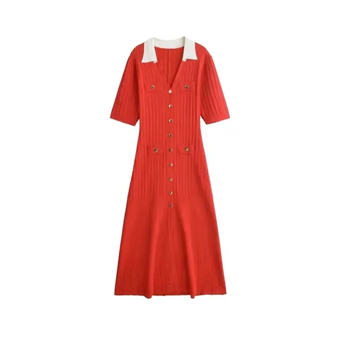 Vestido Midi Elegante de Punto de Manga Corta para Mujer Cuello Polo de Contraste Blanco Vestido Ajustado de Canalé Rojo