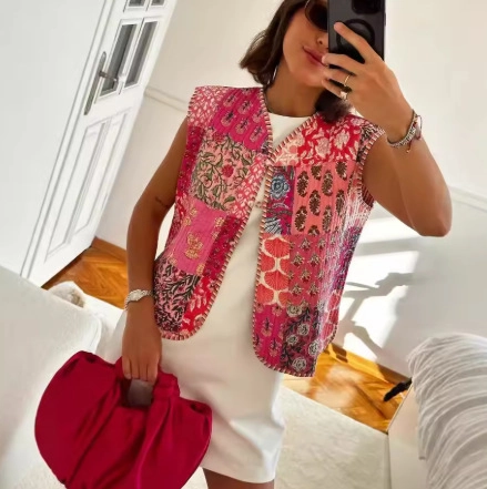 Chaleco Acolchado Vintage para Mujer Patchwork Bohemio Estampado Floral Sin Mangas Con Cordones Delanteros Estilo Étnico Boho